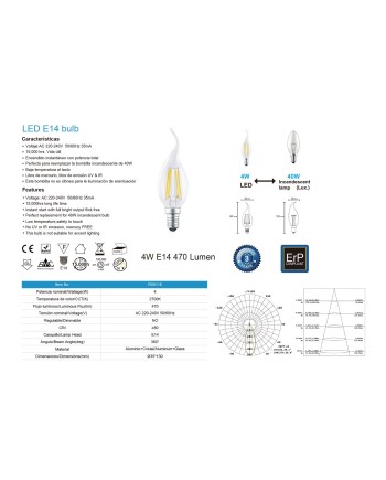 BOMBILLA LED - E14 VELA DECOR. FILAMENTO - 4W - 470lm 2700K